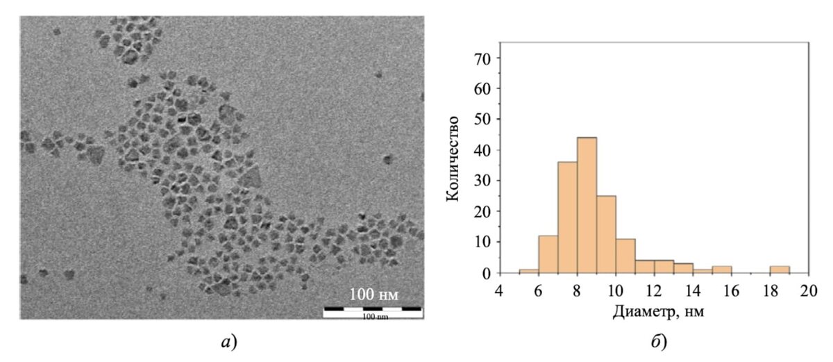    Изображение просвечивающего электронного микроскопа (a) и распределение по размерам коллоидных квантовых точек сульфид меди-индия CuInS2 (б) / © И. А. Шуклов, «Прикладная физика»
