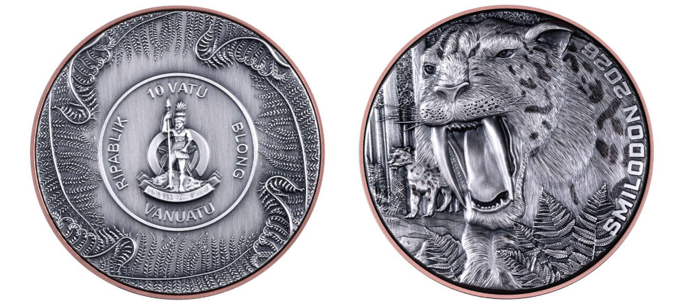    Аверс и реверс гибридной монеты Вануату с изображением смилодона
