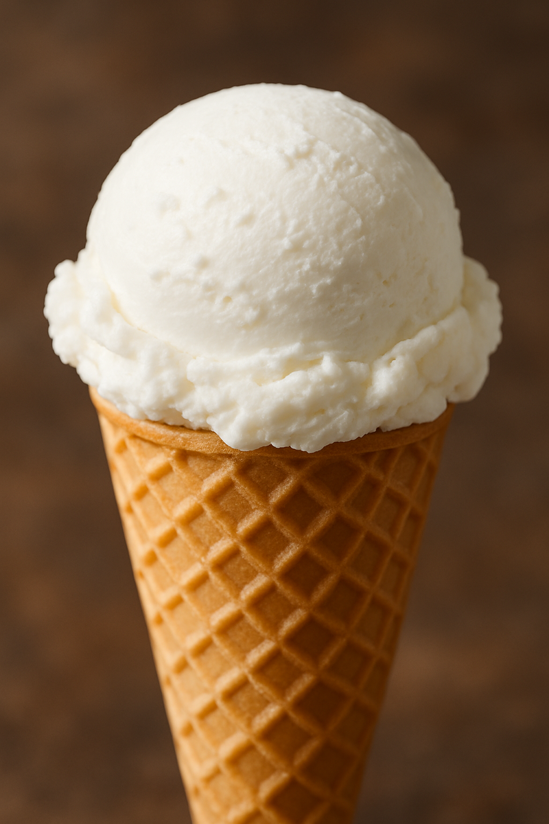 Рожок с белым пломбиром крупным планом