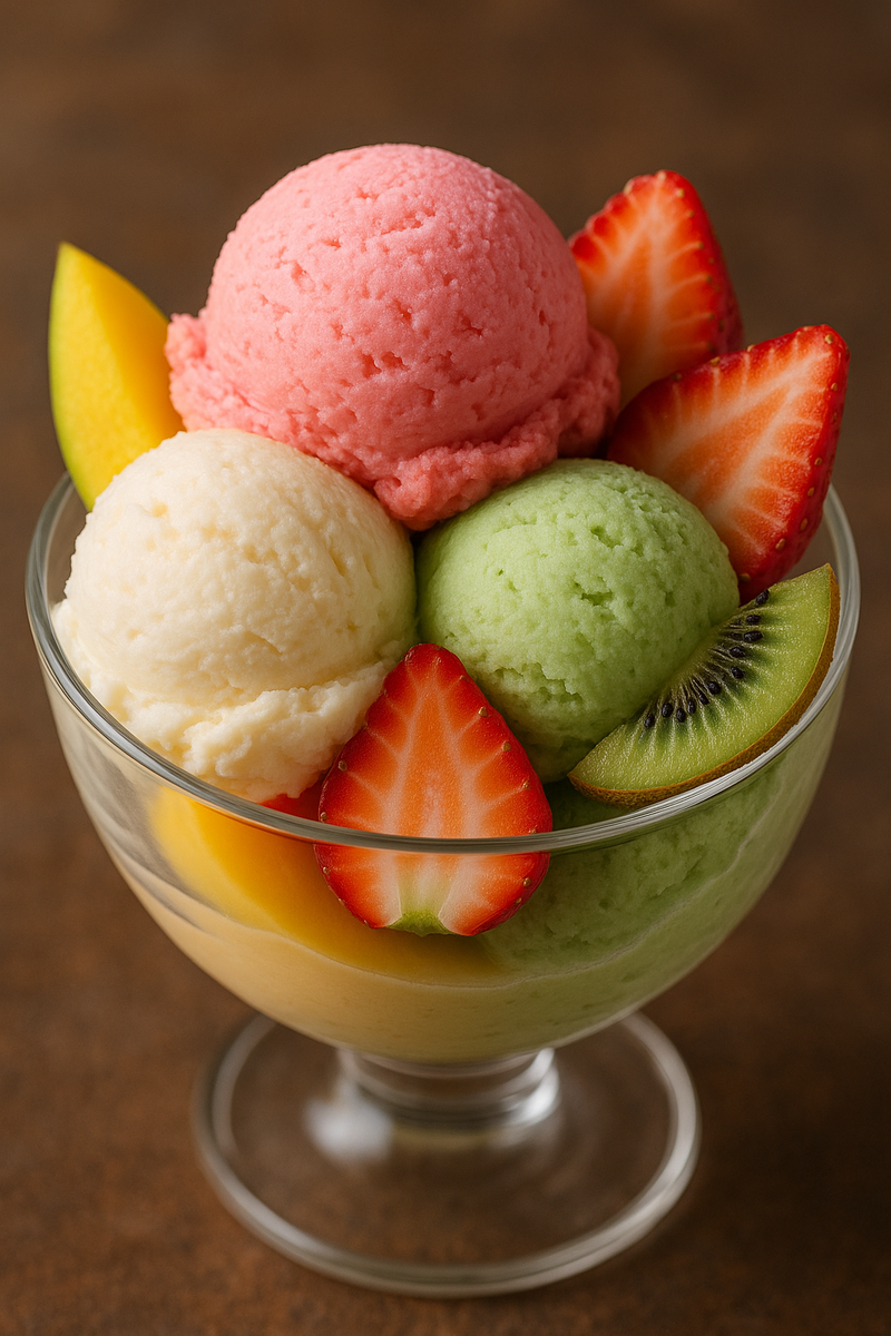 Разноцветное мороженое с фруктами в вазочке