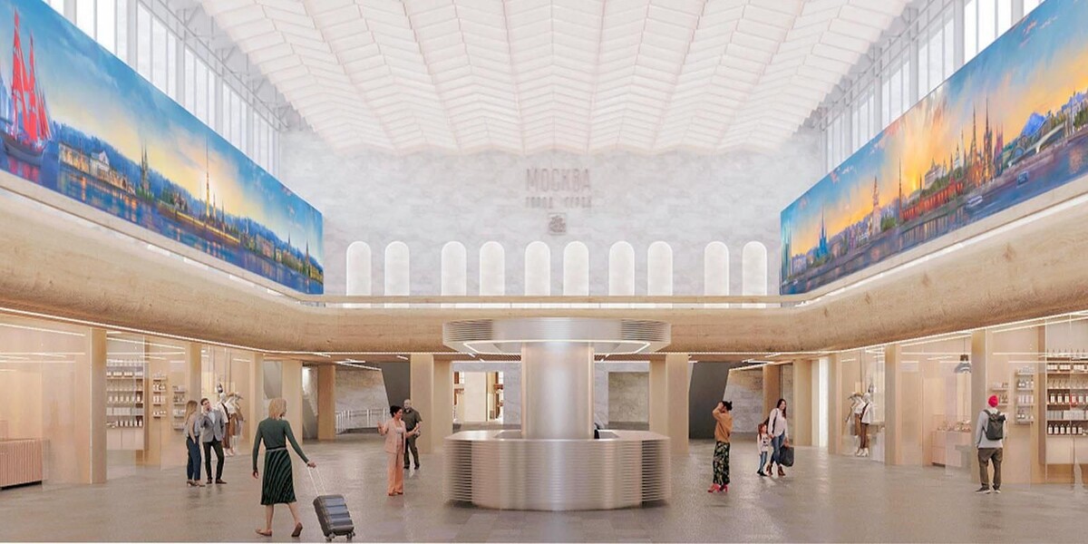 📷 1.1: Проектное решение, центральный холл Ленинградского вокзала. Слева вверху — мозаичное панно с видами Санкт-Петербурга (бриг «Алые паруса», Петропавловская крепость). Справа вверху — панно с видами Москвы (Храм Христа Спасителя, Кремль, собор Василия Блаженного).