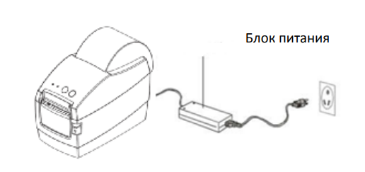 Убедитесь, что кнопка питания находится в положении OFF.
Подключите вилку адаптера к розетке.
Вставьте кабель в блок питания.
Другой конец кабеля питания подключите к принтеру.
