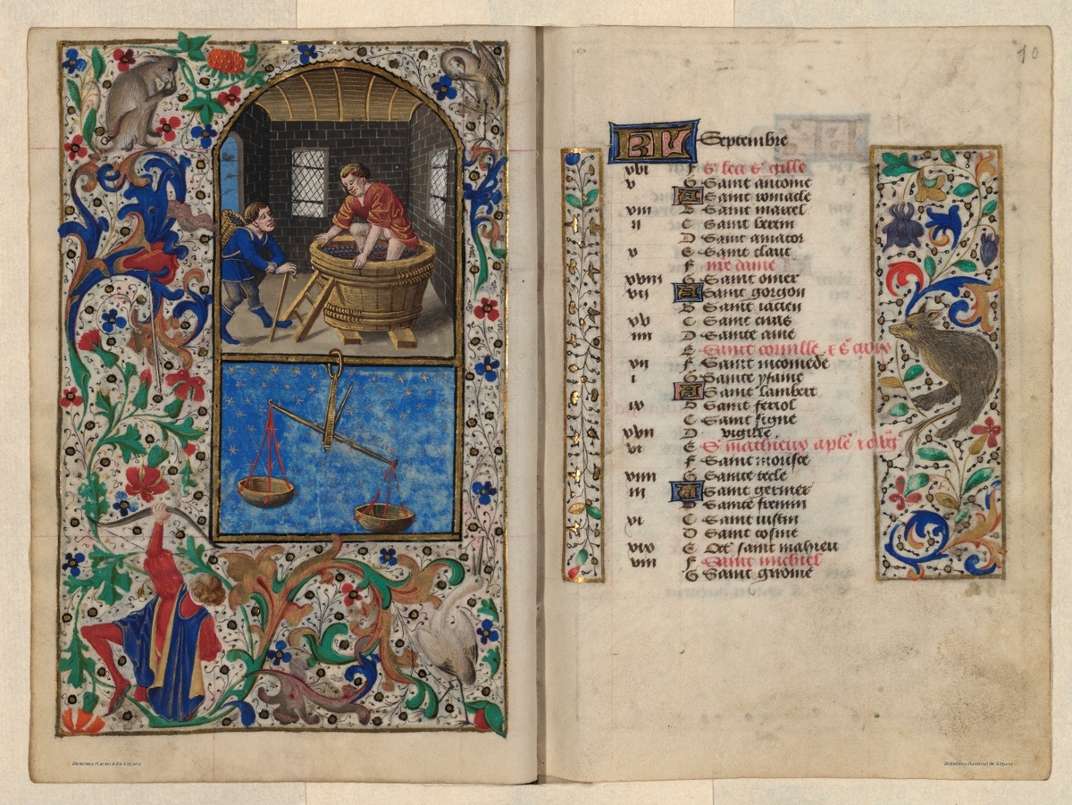 fol. 10v, 9r, разворот. Horas de los siete pecados capitales, между 1470 y 1475. Номер BDH - bdh0000047941