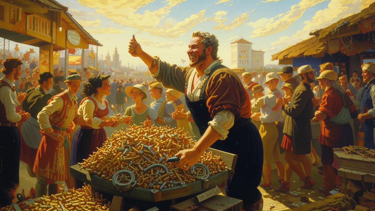 Вот так мне ИИ изобразил кавказца, торгующего крепежом на рынке (Кандински 3.1)