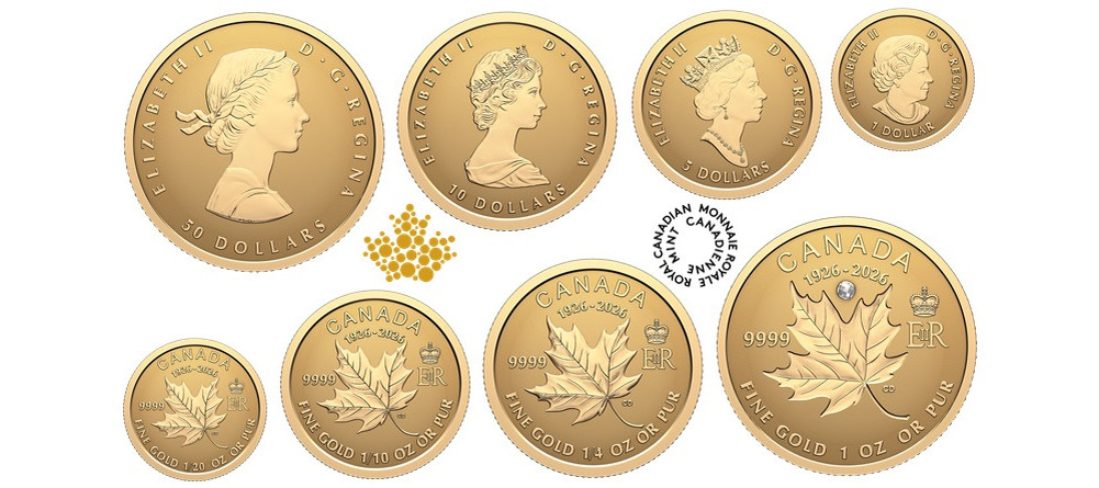    Четыре золотые монеты с портретами королевы Елизаветы II разных лет из набора 2026 года