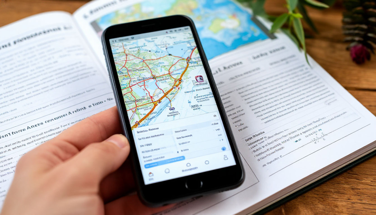Смартфон с картой и списком рекомендаций для путешественника