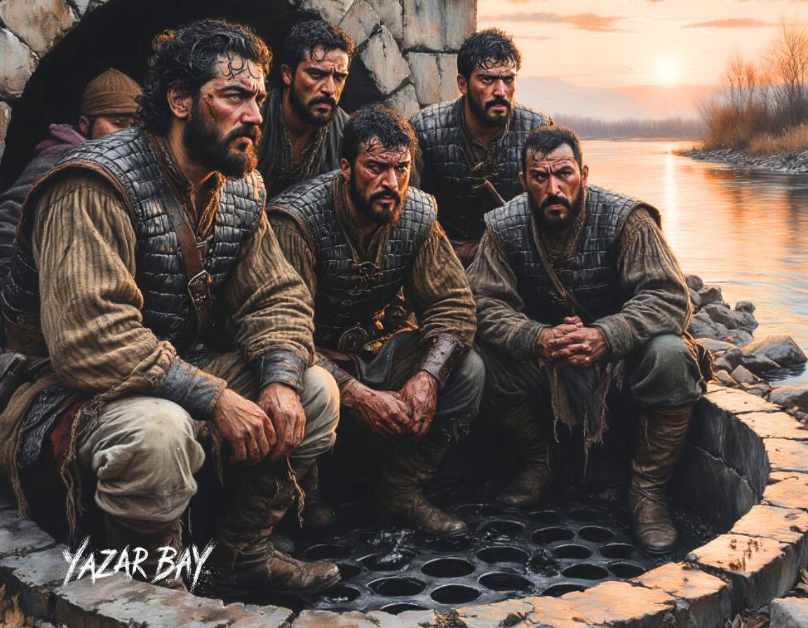 Осман-бей и его уцелевшие воины, покрытые грязью и кровью, выбираются из подземных катакомб на рассвете после страшного взрыва.