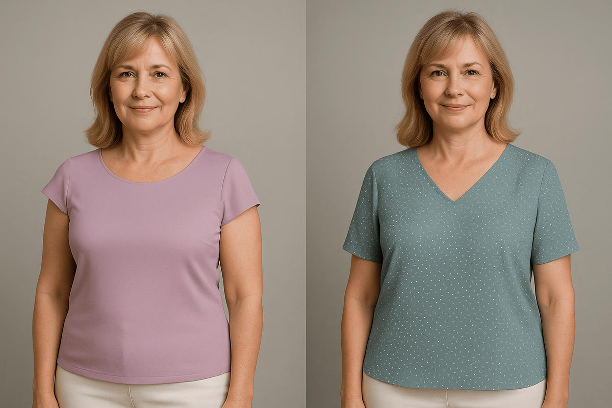 1) Очень короткий рукав «крылышко»: До/ короткий кап-рукав «режет» бицепс, создаёт жёсткую горизонталь. Плечи кажутся шире, рука короче. После/ рукав до середины бицепса или лепесток с корректной проймой и V-горловиной. Линии мягче, рука выглядит стройнее.