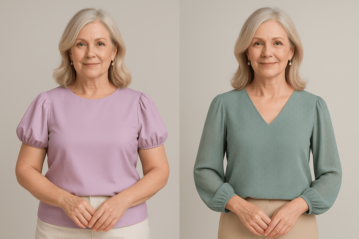 2) Фонарик на уровне бицепса: До/ объём и сборка приходятся на середину руки, плотная ткань даёт эффект шара. После/ объём смещён к плечу, рукав плавно сужается к локтю или лёгкий bishop из шифона с мягкой манжетой. Руки визуально тоньше.