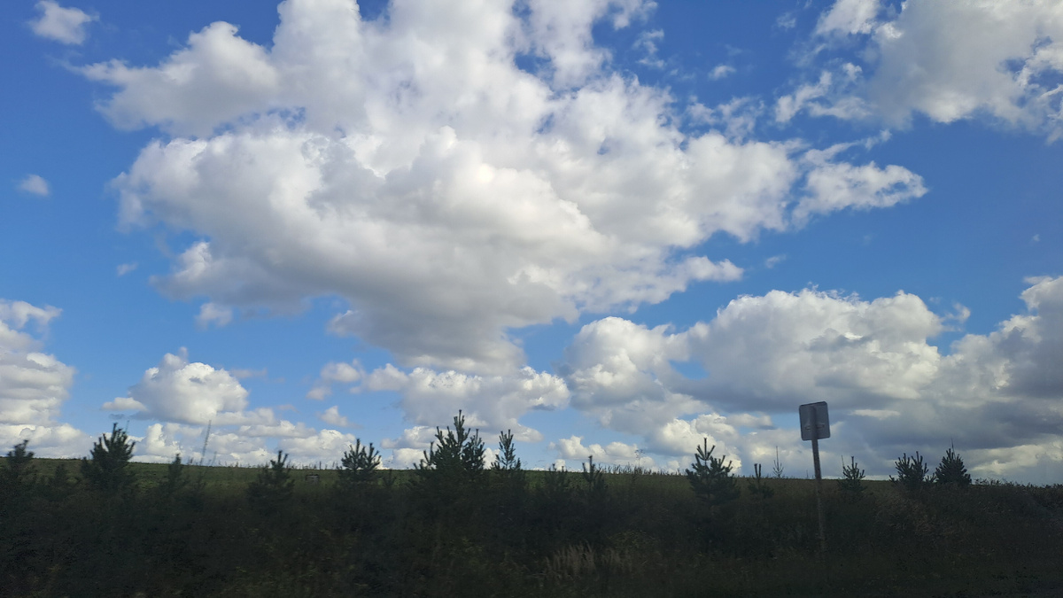 Начало пути, лес расступился от дороги и пошли живописные места