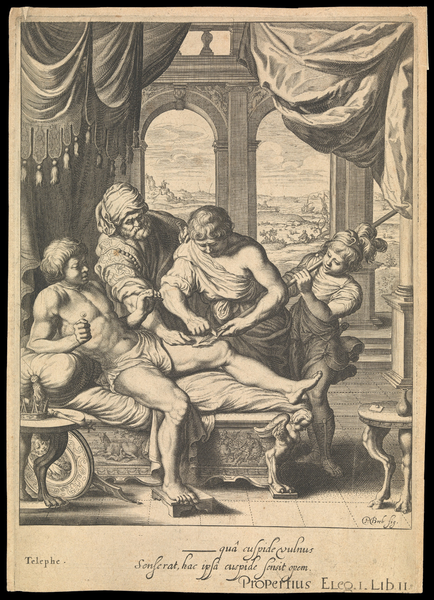 «Телеф, неумышленно раненный Ахиллом и им же исцелённый» Бернар Пикар (лист из «Храма муз», изданной в Амстердаме в 1733 году)