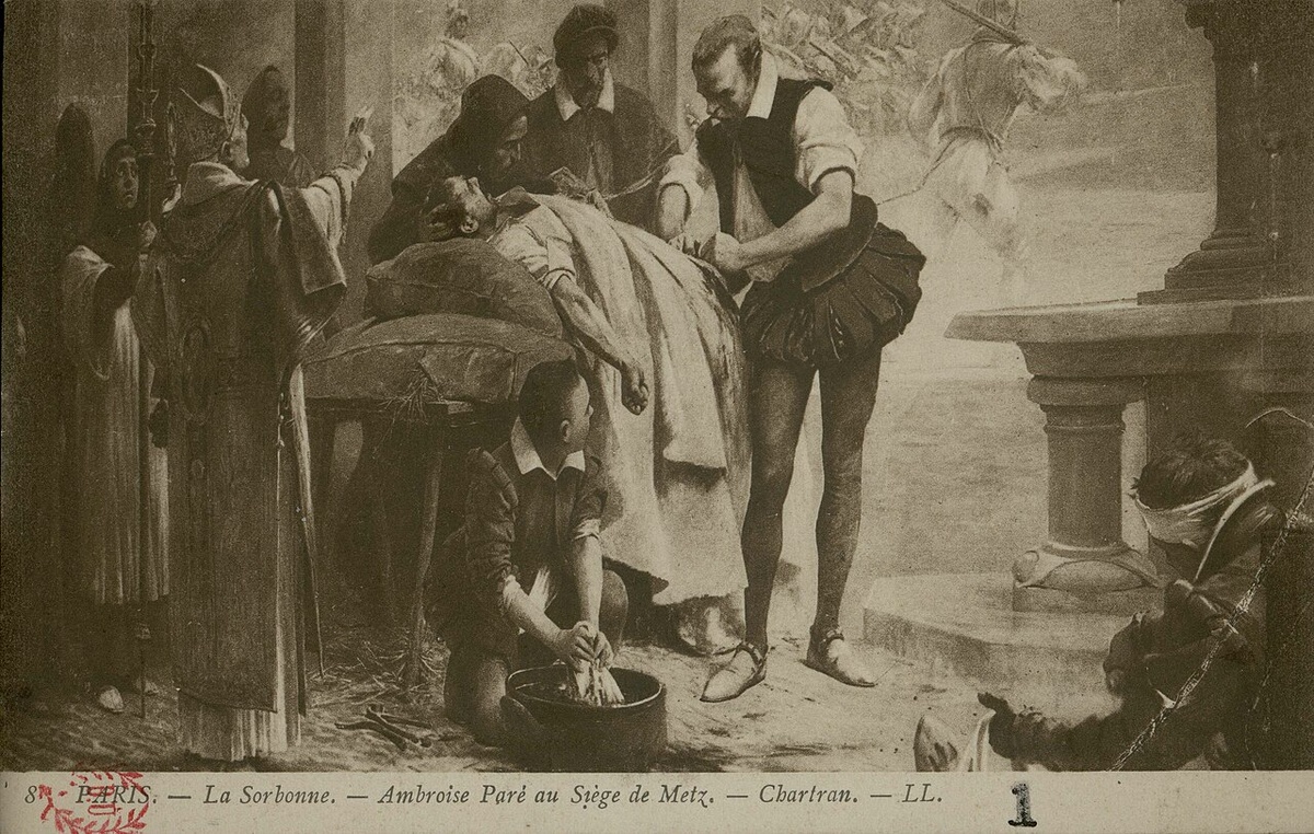Открытка с репродукцией картины Теобальда Шартрана «Амбруаз Паре на осаде Меца».