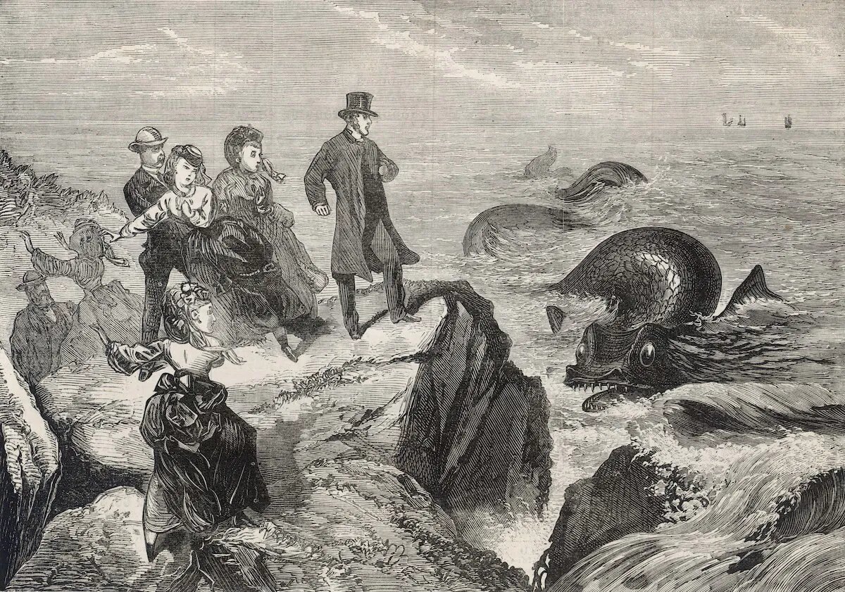 «Поразительное появление гигантского морского змея у берегов Килки на ирландском побережье (по зарисовке очевидца)», из журнала Days' Doings, 21 октября 1871 г. Библиотека изображений Мэри Эванс.