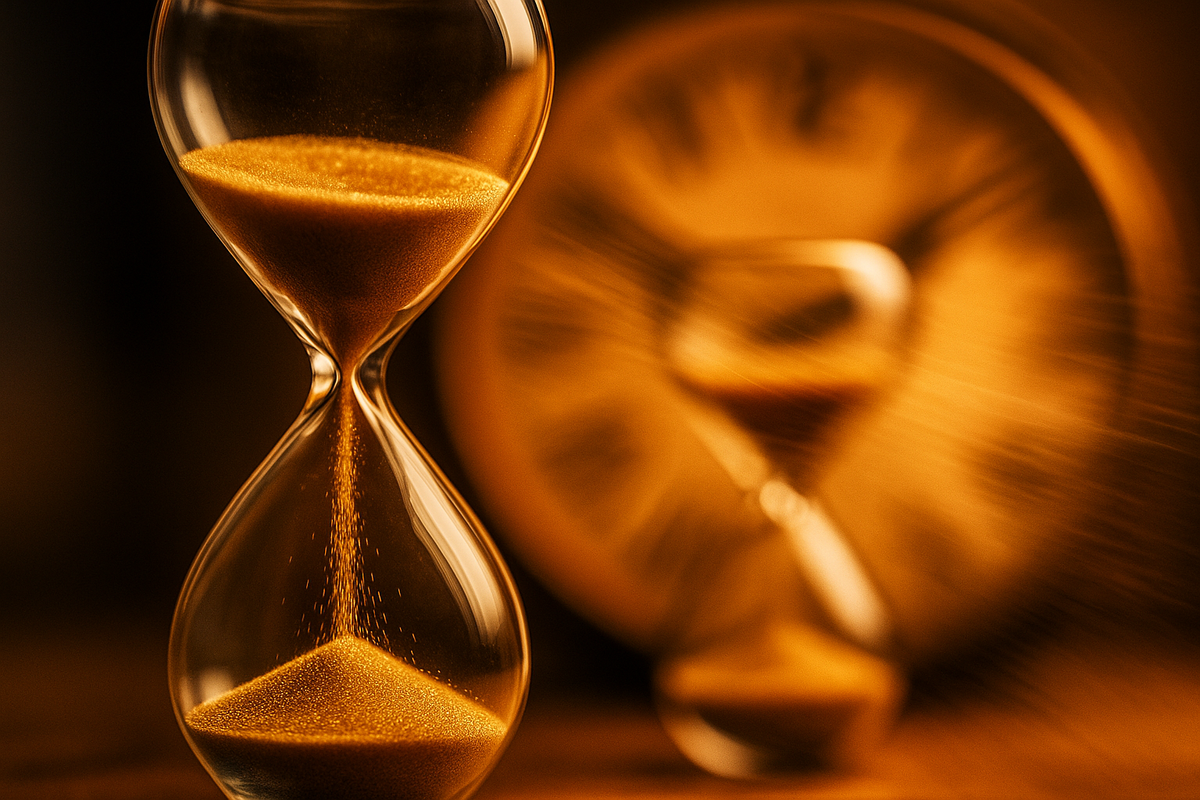 Песочные часы с падающим песком — символ того, почему нам кажется, что время ускорилось и годы пролетают быстрее. Эффект субъективного ускорения времени в 2025 году, ощущение коротких дней и бегущей жизни.
