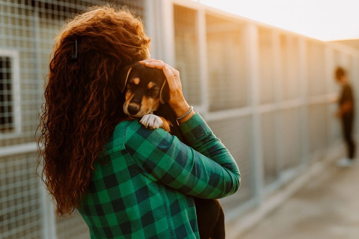 Женщина забирает щенка из приюта 
