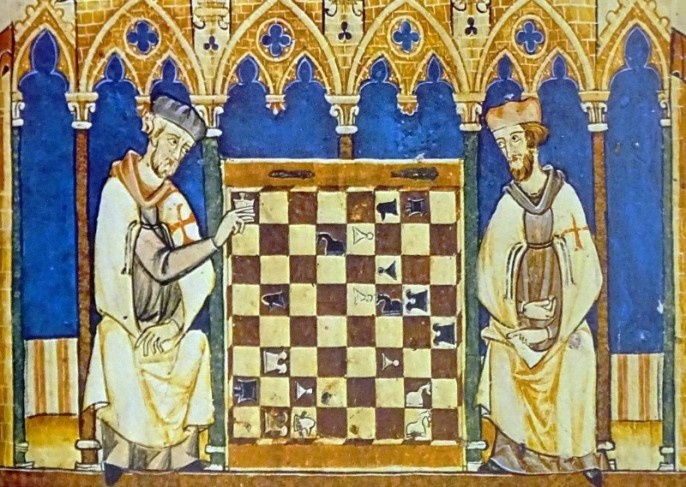 Тамплиеры, играющие в шахматы. Миниатюра из Книги игр, 1283