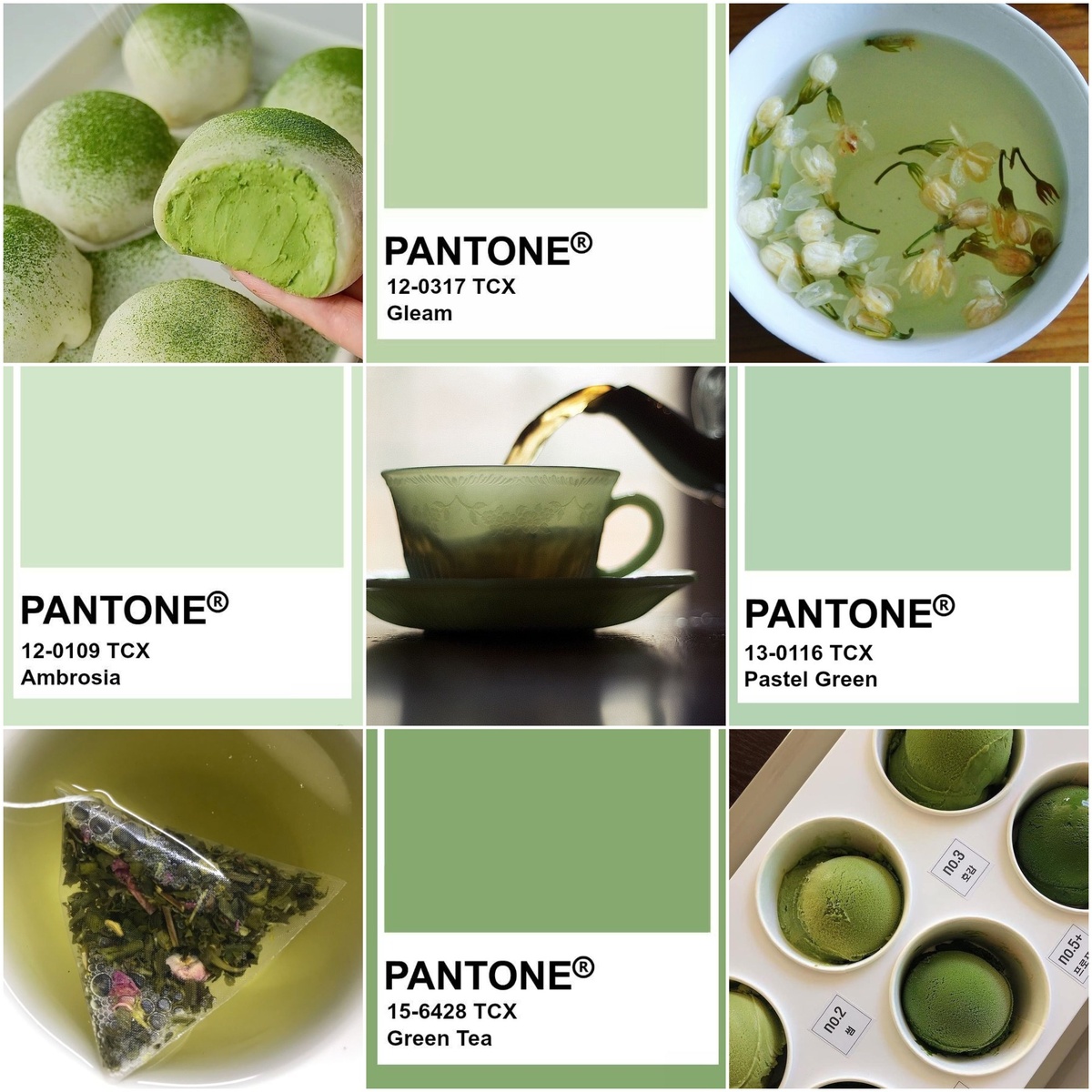 1. Оттенки зелёного чая и производных. Иллюстрации из открытых источников, коллажи автора.