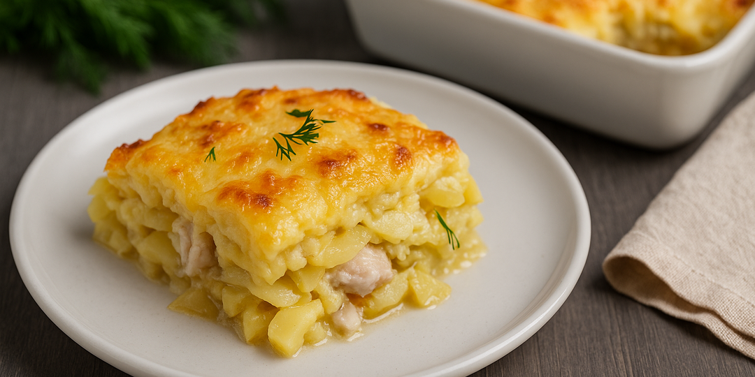 Пангасиус, запечённый с картофелем под сметанным соусом и сыром