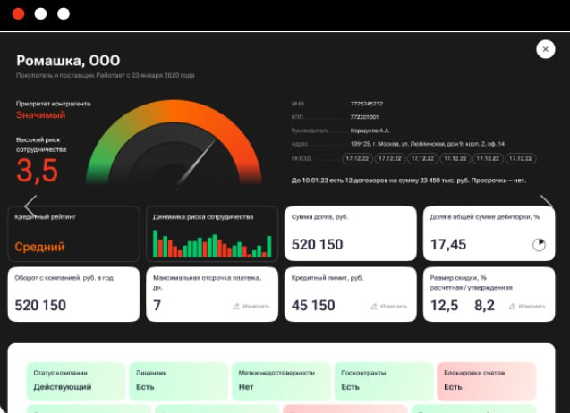 скриншот системы по управлению дебиторкой