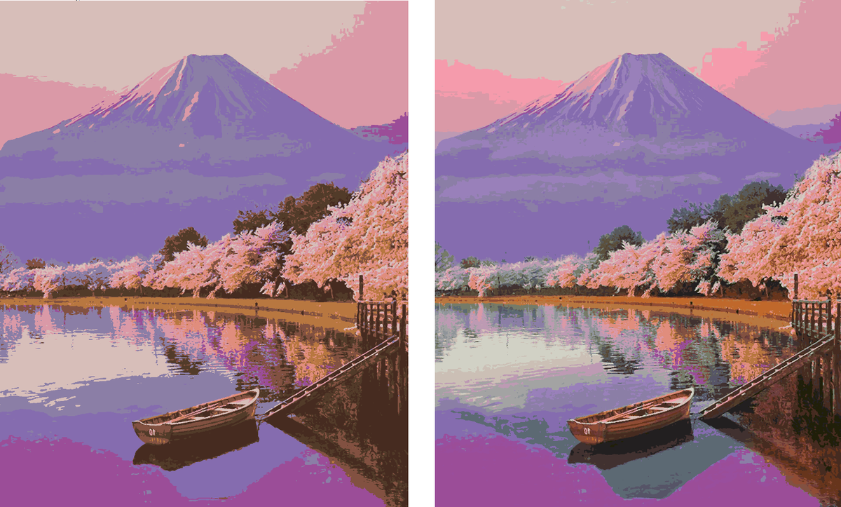 Слева пример меньшего количества цвето, справа пример большего количества цветов