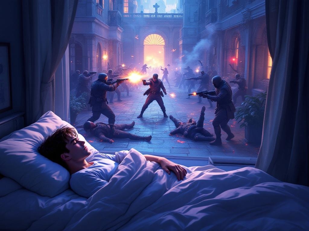    К чему такое снится: На картине изображен момент напряженного боя: главный герой в дворе со стреляющим пистолетом, у его ног лежит павший солдат. Враги окружают его, один из врагов маски