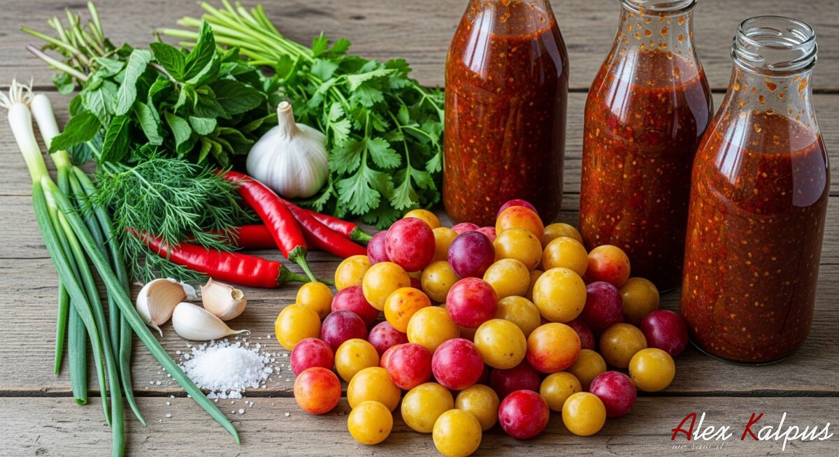 Рецепт ткемали с зеленым луком. Как бабушка учила! На фото, применена техноогия варки всего сразу и потом протирание ткемали!