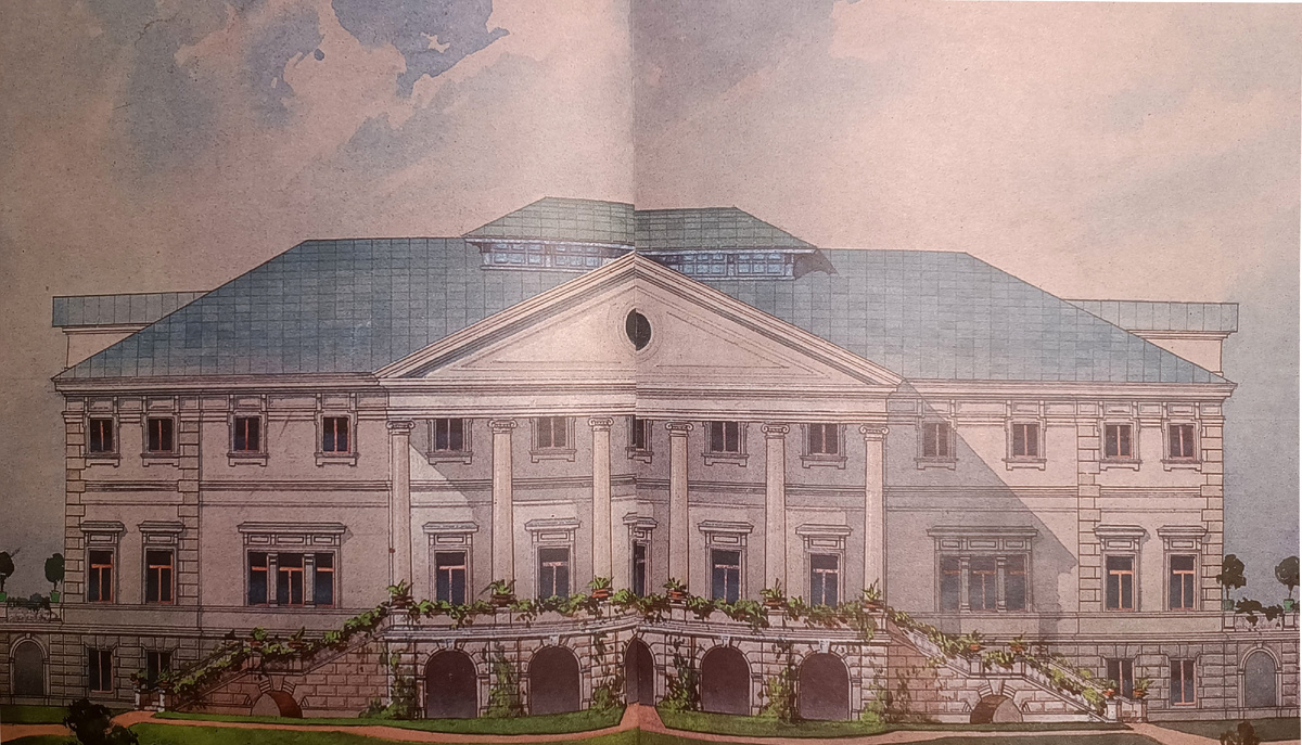 Фасад Ольговского дворца (проект реставрации). Архитектор Набоков. 1880-е гг. Бумага. Акварель