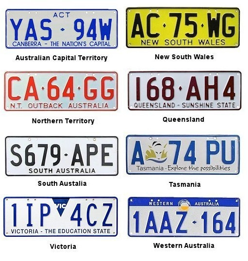 В Австралии в разных штатах сипользуются разные номерные знаки, отличающиеся надписями и цветовым оформлением