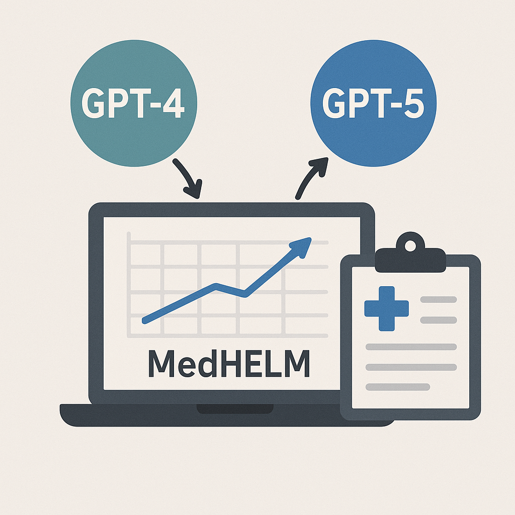 Картинка символизирует сравнение GPT-4 и GPT-5 в медицинских задачах: графики роста на фоне медицинских иконок и ноутбука с надписью MedHELM показывают прогресс новой модели в области здравоохранения.