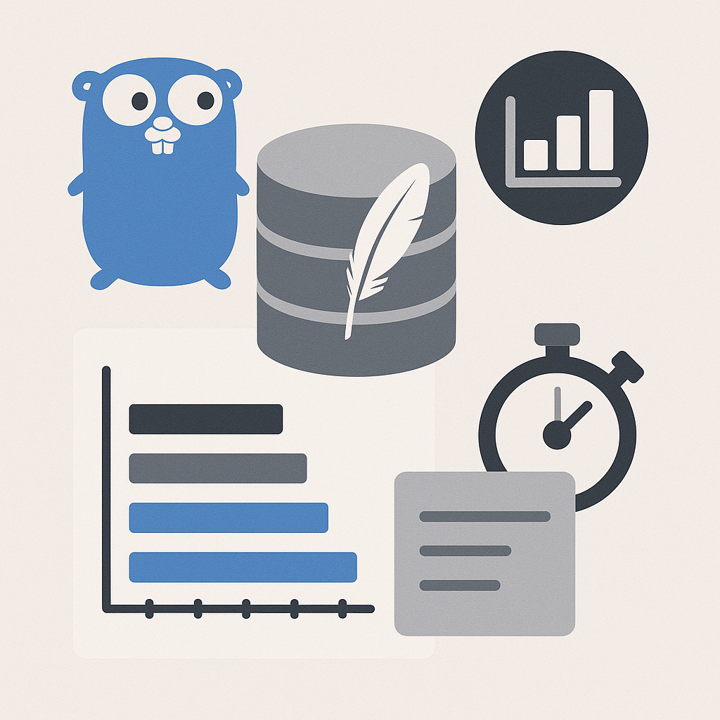 Картинка иллюстрирует бенчмаркинг SQLite-драйверов для Go: гофер, символ Go, рядом с иконкой базы данных SQLite, графиками и секундомером, подчеркивающими сравнение производительности в разных сценариях.