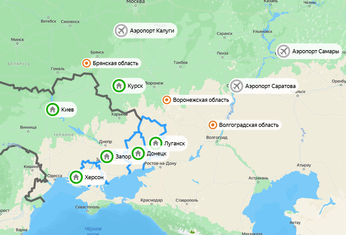 Карта ночных атак дронов ВСУ по регионам РФ. Фото: скриншот Яндекс Карты