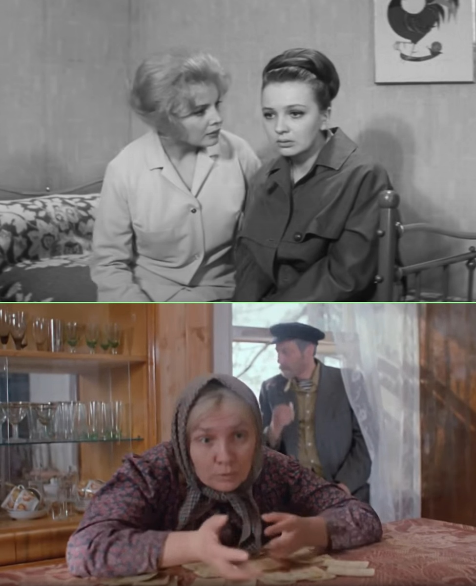 На верхней части иллюстрации кадр из фильма "Старшая сестра", в котором Тенякова сыграла вместе с Татьяной Дорониной, а на нижней мы видим Наталью Максимовну в образе бабы Шуры, жены дяди Мити, персонажа Сергея Юрского