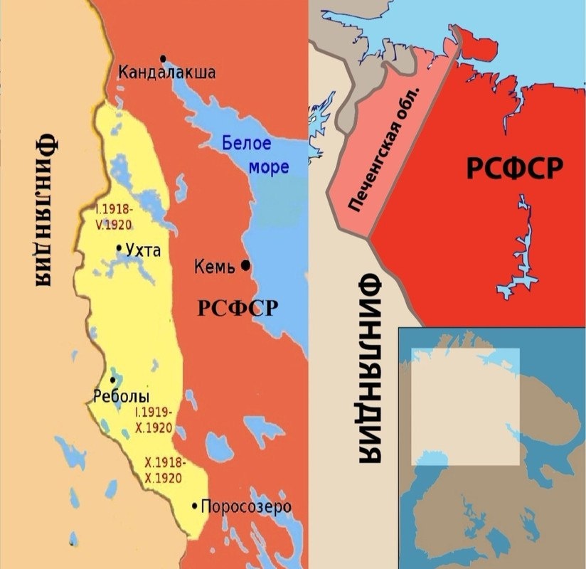 По договору от 14 октября 1920 года незамерзающий порт Петсамо (Печенга, выделен розовым цветом) отошёл к Финляндии, а Финляндия отказалась от территориальных претензий на территории в Карелии (выделены жёлтым цветом)