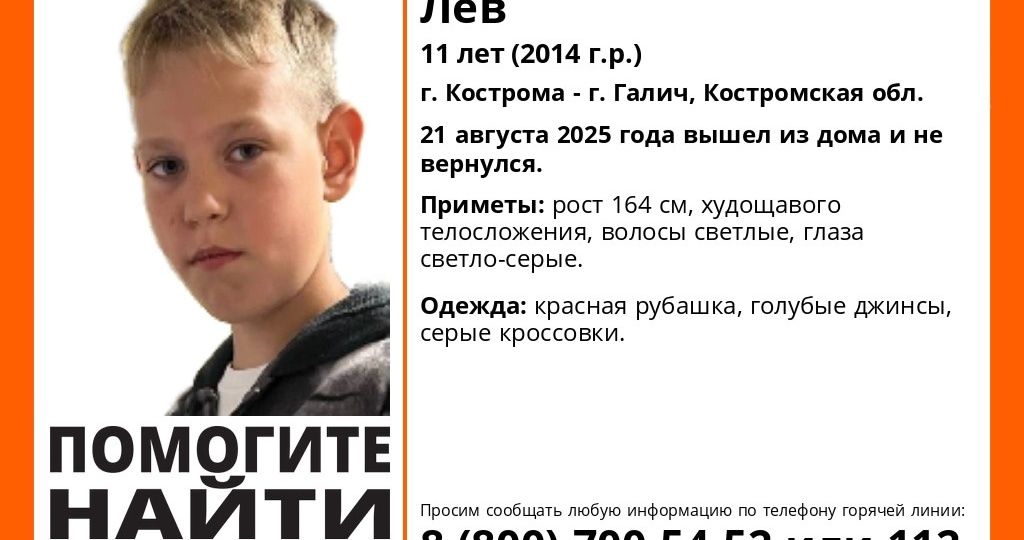 В Костромской области пропал 11-летний худощавый мальчик