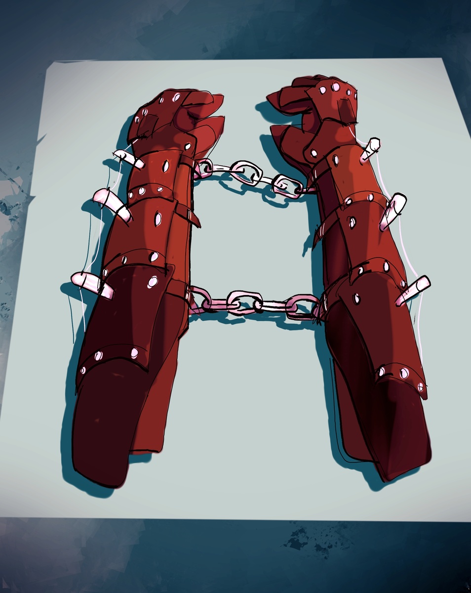 Очень приблизительно, деталей я не запомнил. И наручи были на всю руку, то есть на предплечье и на плечо. Здесь я изобразил только на предплечье.