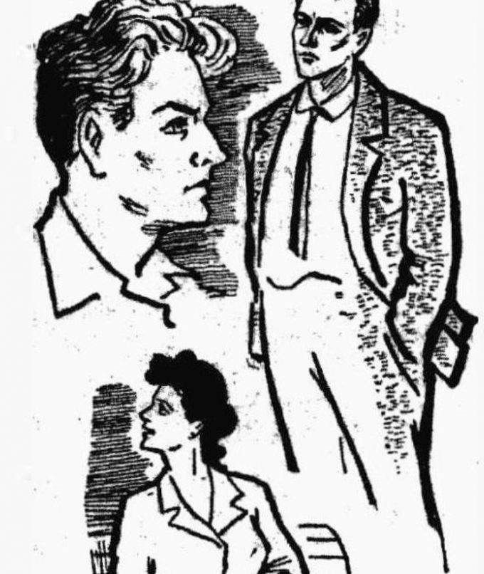 Михаил Державин, Владимир Корецкий и Марина Лукьянова (в роли Лили) в спектакле «Вам 22, старики» / Рисунок А. Гилева, «Челябинский рабочий»