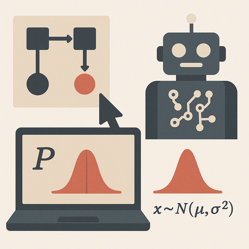 Картинка символизирует эпоху вероятностного ИИ: на ней показаны кривые распределений, робот и схемы, отражающие переход от детерминированного программирования к вероятностным методам и новым подходам в разработке продуктов.