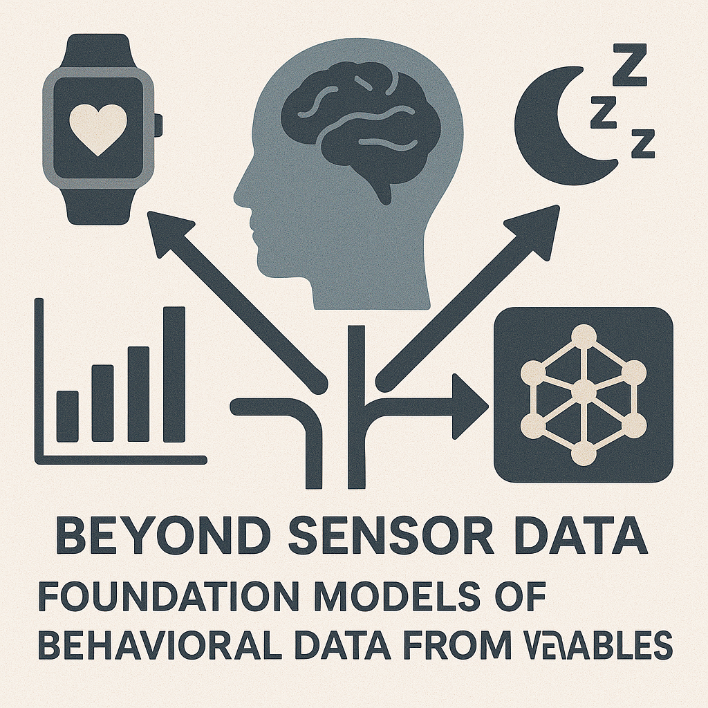 Картинка отражает идею моделей поведения на основе данных с носимых устройств: силуэт человека, умные часы, мозг, графики и символ сна соединены в единую схему, показывающую связь сенсорных и поведенческих данных для предсказания здоровья.
