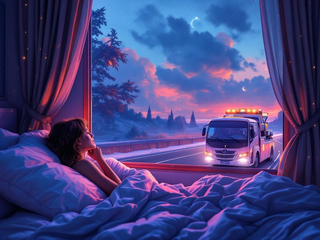    К чему такое снится: Женщина смотрит в окно автобуса номер 1, в то время как на дороге рядом видна эвакуаторная машина, загруженная автомобилем, напоминающим её собственный.