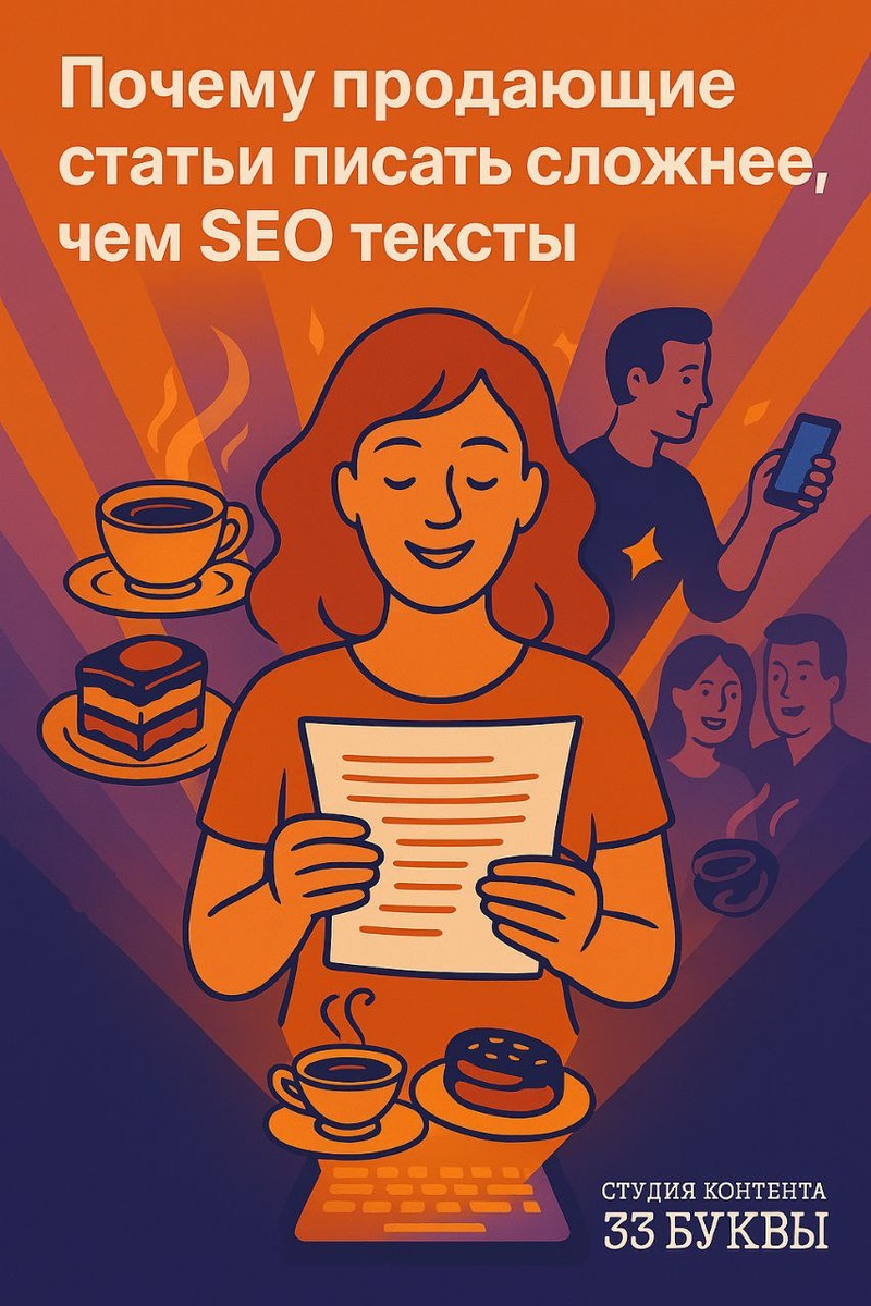 SEO — это про видимость. Продающий текст — про эмоции и желание купить. Именно поэтому его сложнее писать: здесь важны ассоциации, вкус, ритм, настроение.
