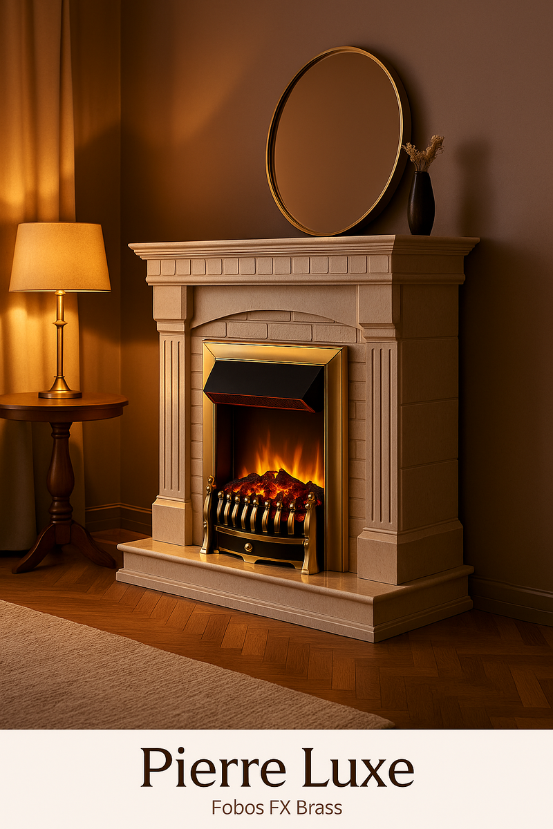    Идеальный угловой каминокомплект Pierre Luxe с очагом Fobos FX Brass: создайте уют в вашем доме уже сегодня! Kamin