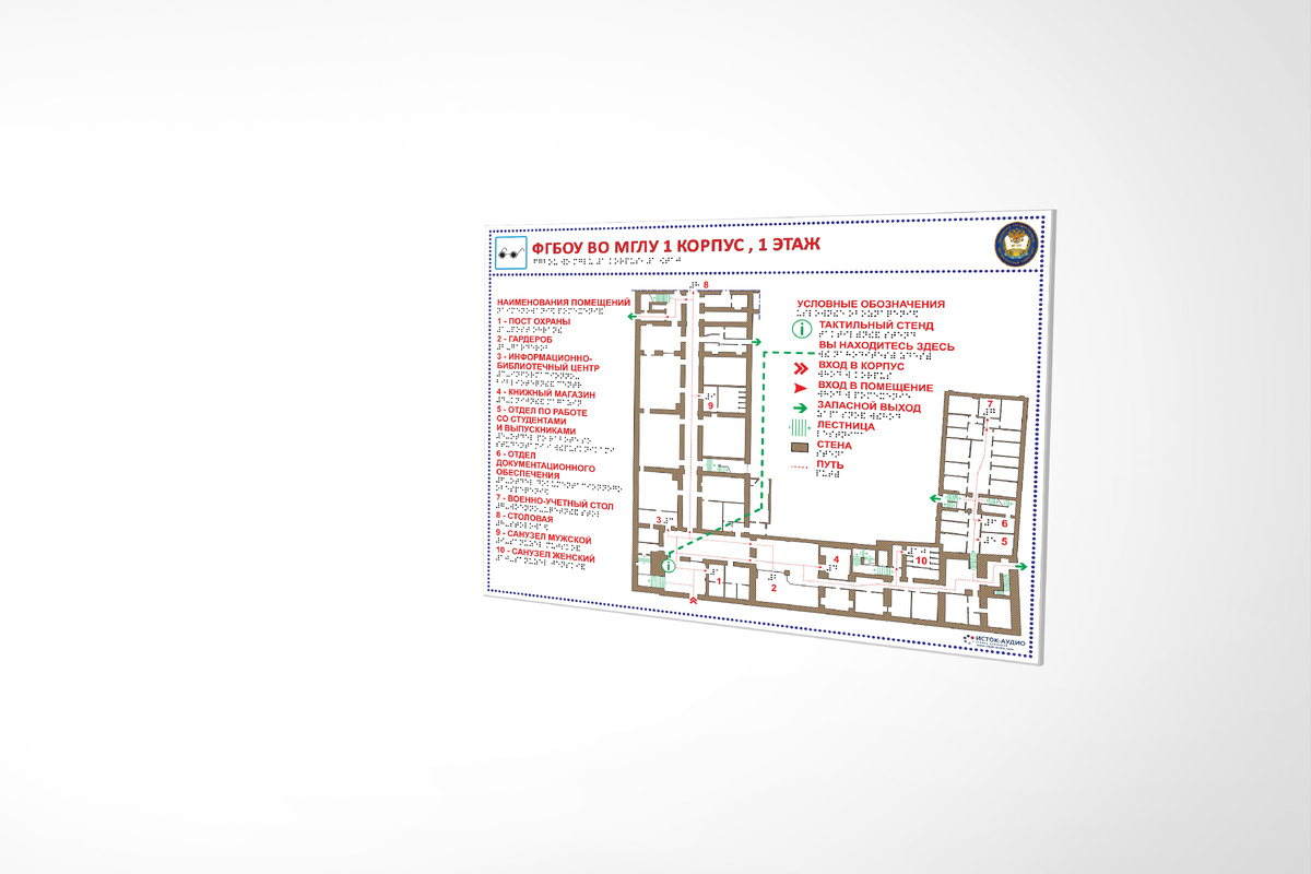 Мнемосхема предназначена для информирования людей с нарушением зрения о расположении помещений внутри здания и путей следования к ним.