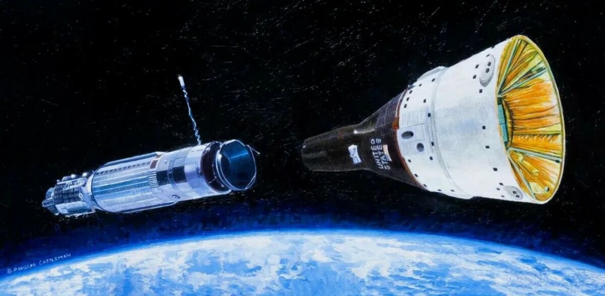 Космическая мишень Agena изображена слева. Справа - корабль Gemini