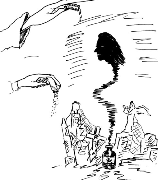 Рисунок, на котором злобный джин вырывается из склянки с ядом.