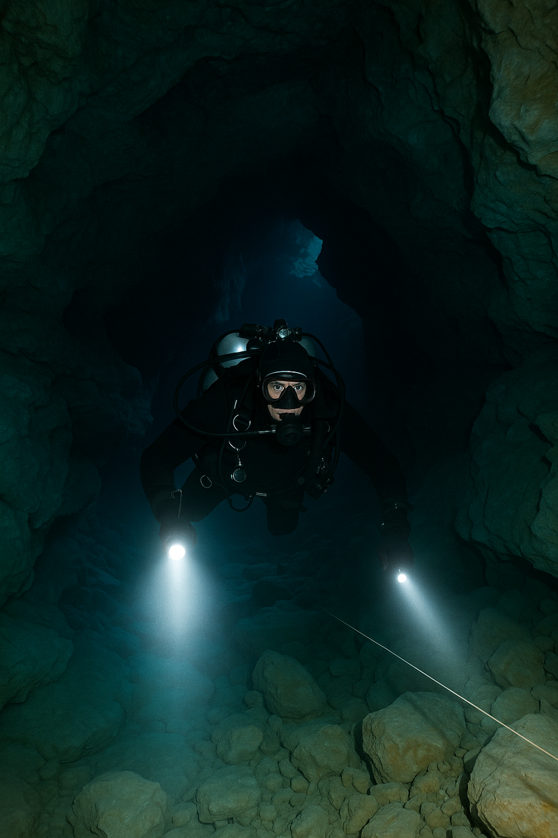 Картинка показывает подводного дайвера в тёмной пещере с фонарями, освещающими скальные стены и дно. Атмосфера передаёт таинственность и глубину системы Мольнар Янош под Будапештом.
