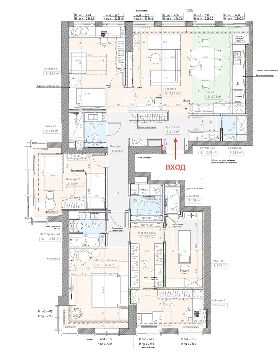 Планировка, при которой квартира разделена на две части: гостевую (кузня-гостиная, прихожая, санузел, кабинет) и личную (спальные комнаты)