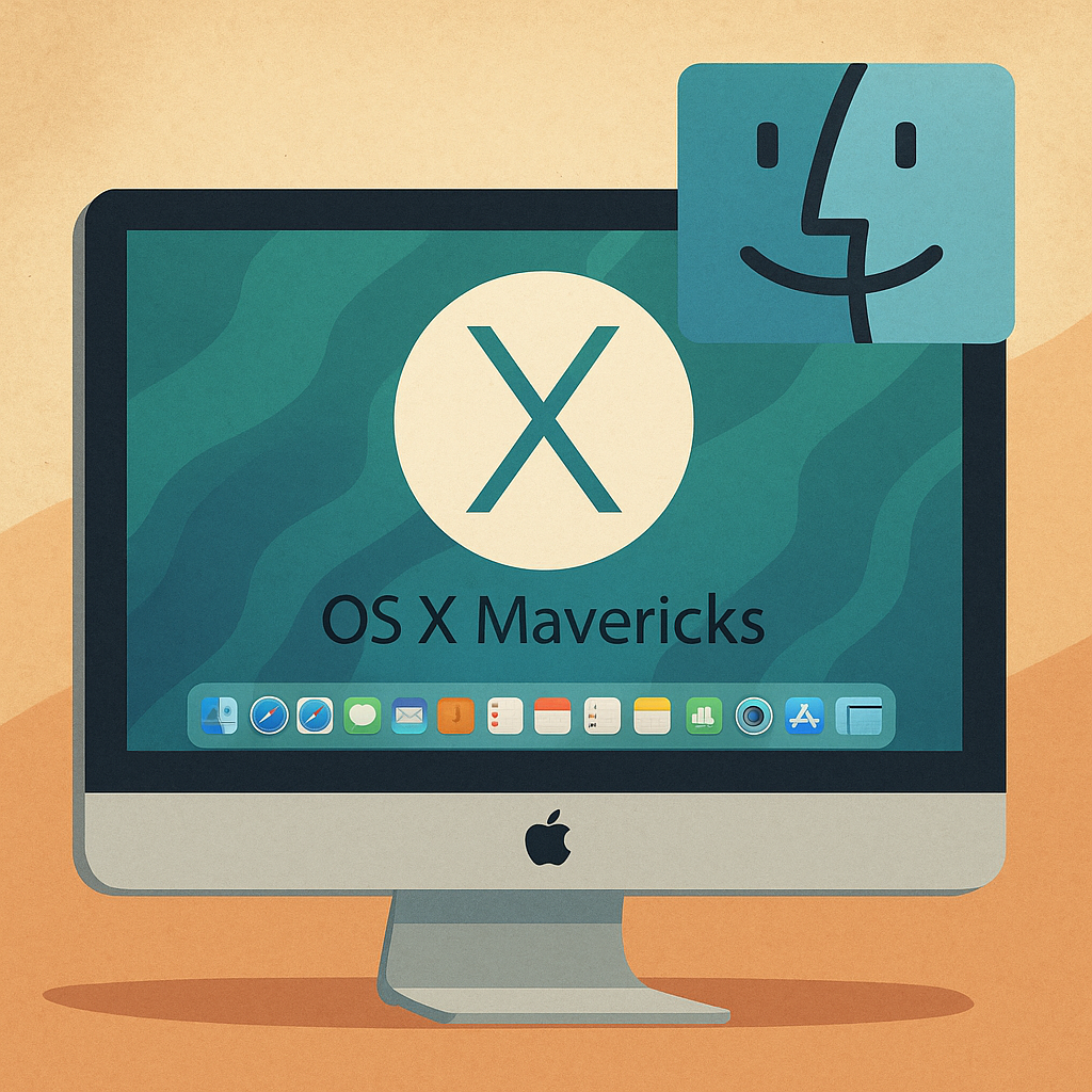 Картинка изображает iMac с установленной OS X Mavericks: на экране виден фирменный логотип системы, а рядом добавлен символ Hackintosh, подчёркивающий возможность установки и на кастомное «железо».