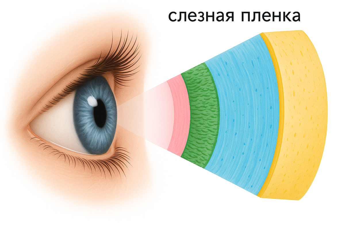 Схематическое изображение слёзной плёнки глаза и её слоёв