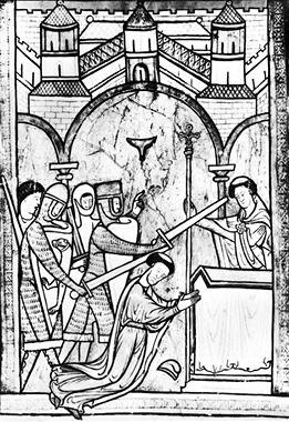 Убийство Томаса Бекета в Кентерберийском соборе в 1170 г. Миниатюра. Около 1200