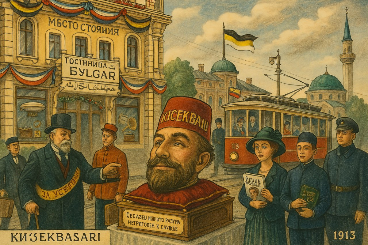 1910е. Явно обучился на цветных вклейках в журнале "Нива" - по цвету и типографской стилистике. Знакомое по историческим фото оформление, здания модерн, и тп.